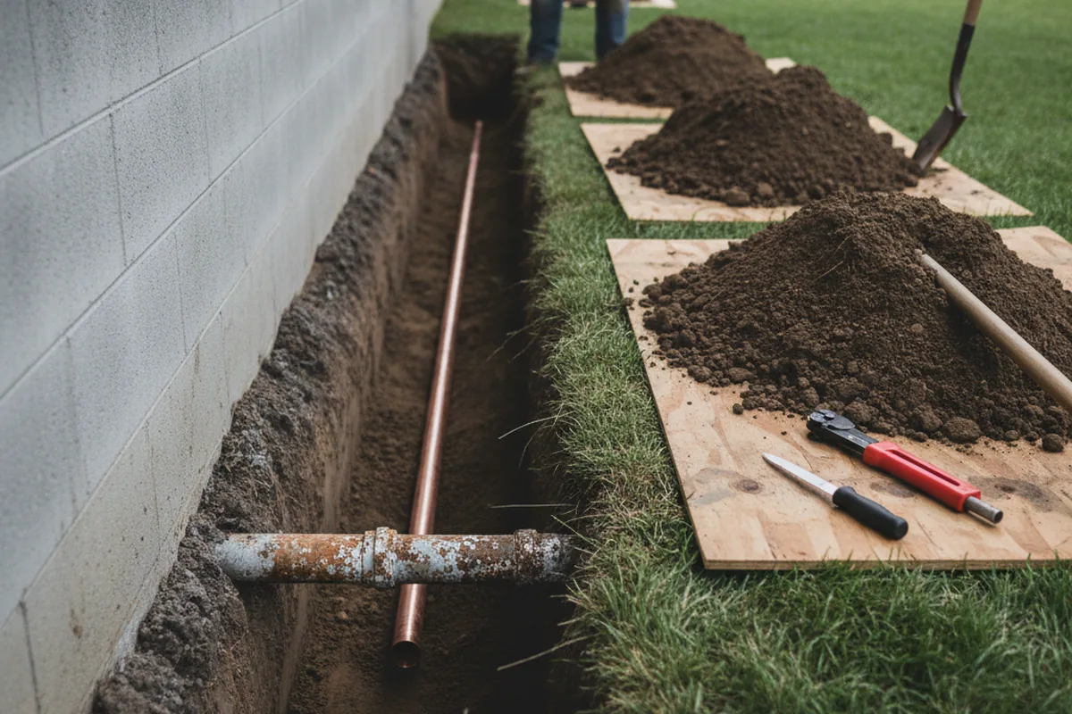 Excavated water line trench during Water Heater Repair in Calypso